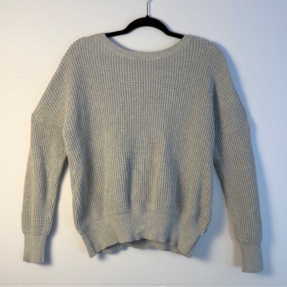 Waffle Knit V Neck Criss Cross‎ Back Sweater Light Grey Size M - Picture 3 of 8